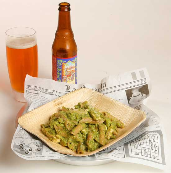 Mac Shack Broccoli Pesto Penne served with Fat Tire beer